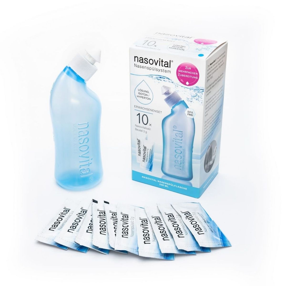 Nasovital Set blau - Nasendusche + 10 Säckchen für Erwachsene