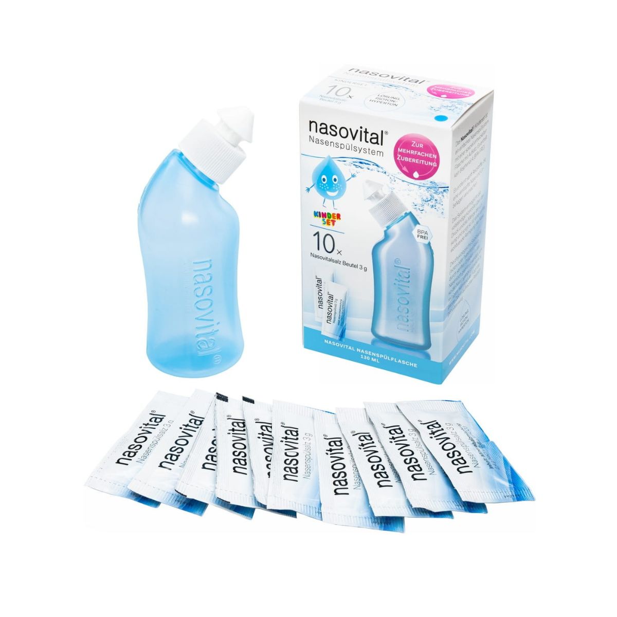 Nasovital Set blau - Nasendusche + 10 Säckchen für Kinder