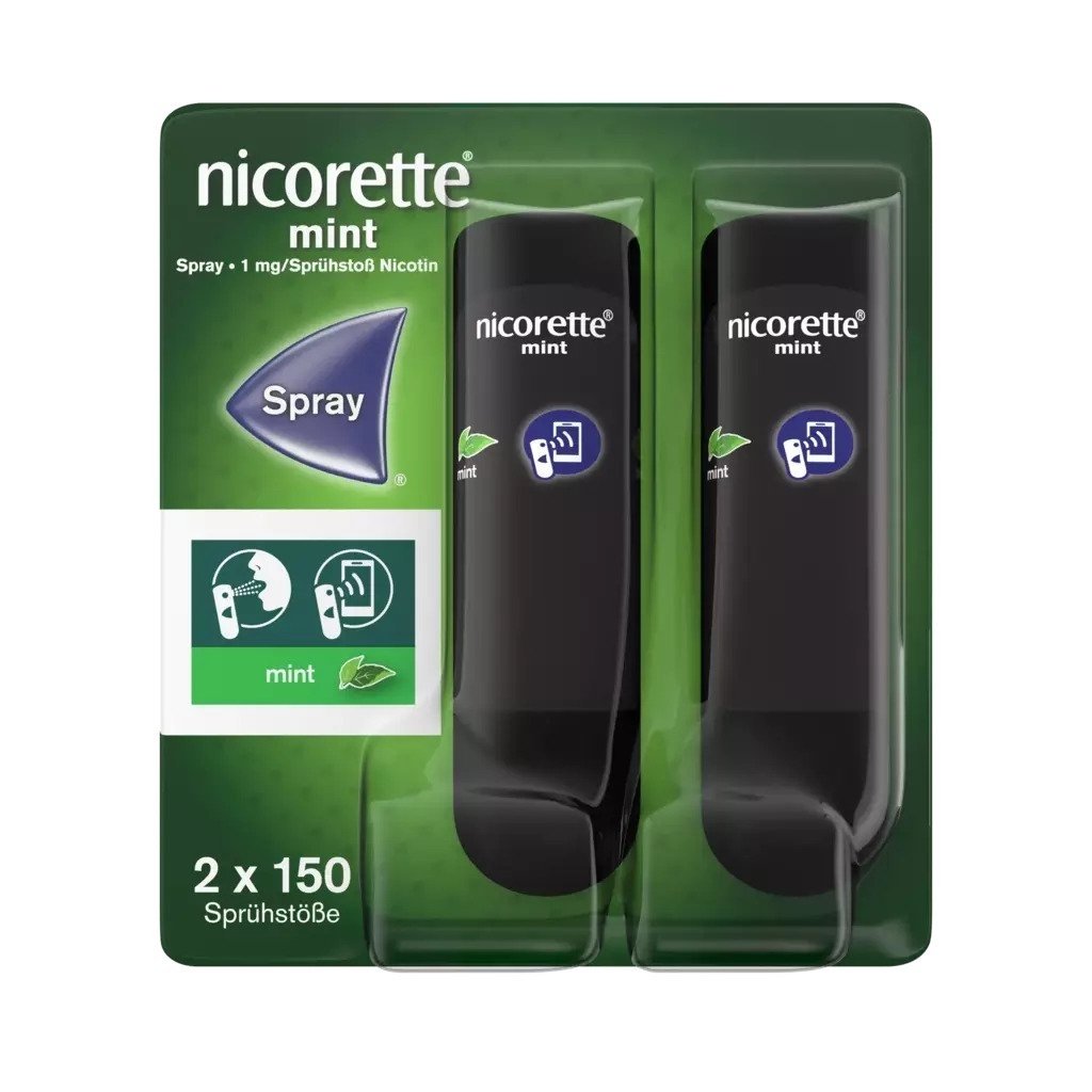Nicorette Mint Spray 1 mg/Sprühstoß Spray zur Anwendung in der Mundhöhle, Lösung Nicorette Mint Spray 1 mg/Sprühstoß Spray zur Anwendung in der Mundhöhle, Lösung